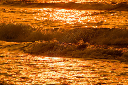 金光反射出海面的水浪和日落的沙子图片