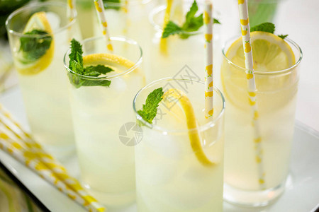 传统的柠檬水一小片新鲜柠檬和薄荷杯图片