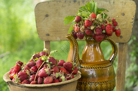 满是新鲜红草莓和陶瓷装饰壶的老土锅图片