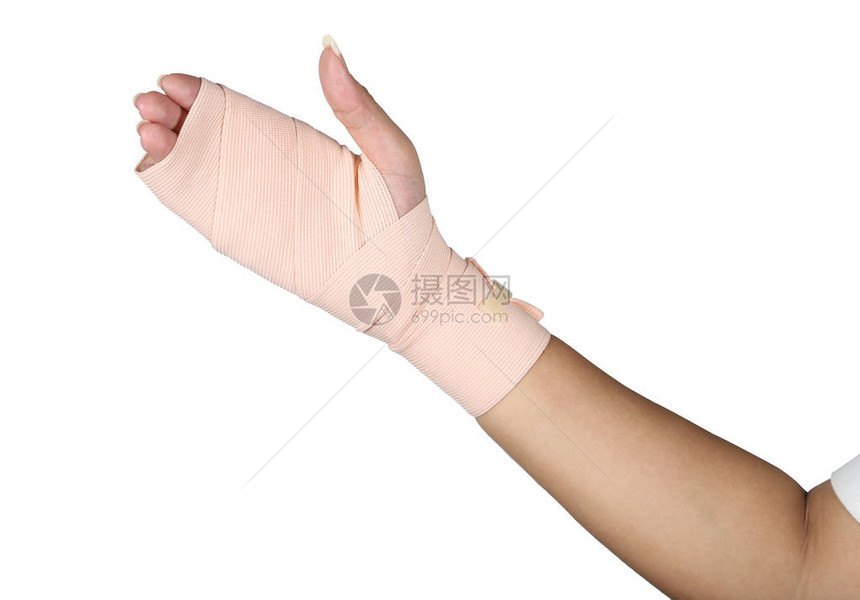 手臂板手绷带纱布绷带病人与亚洲女孩的手环伤隔图片