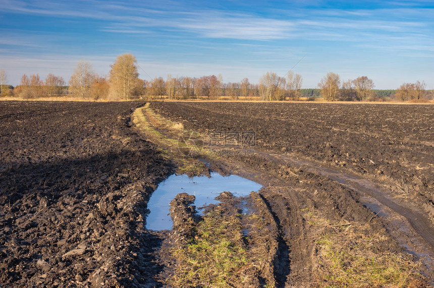 秋季末乌克兰中部农耕田地和肮脏道路的图片