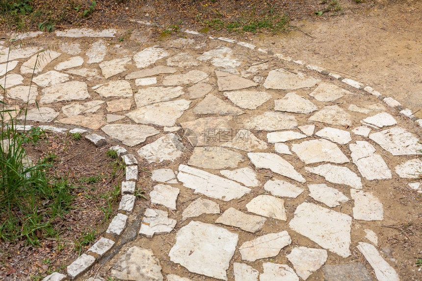 形成圆形路径的石头块铺有花纹的砖铺在人行道上生长在土壤中的不需要的杂草非传统的后图片