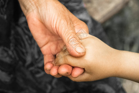 一个小女孩和一个老祖母的手小孩的手牵着老人世界仁慈日概念和成背景图片
