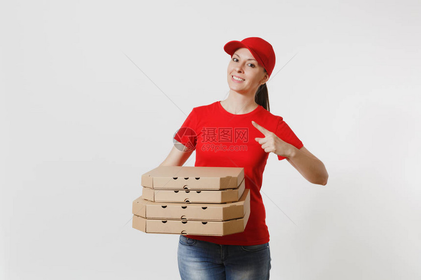 作为快递员或经销商工作的女比萨饼人将意大利比萨饼放在纸板箱中图片