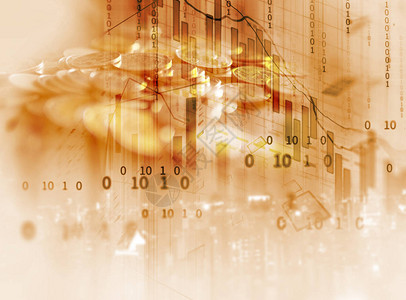 股票市场投资图和硬币堆叠商业投资和股票未来交易概念的双重图像单图片