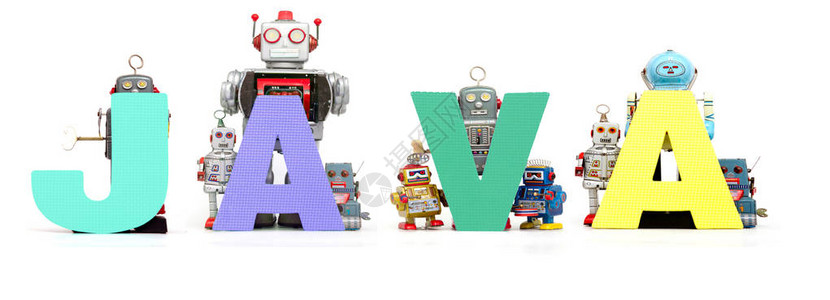 复古锡机器人玩具高举着白色横幅上孤立的JAVA字样背景图片