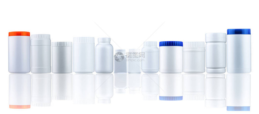带封闭盖的塑料药瓶容器医药行业包装许多具有不同尺寸和形状的药瓶与空白标签隔图片