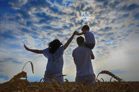幸福的家庭爸妈和儿子看小麦田里的图片