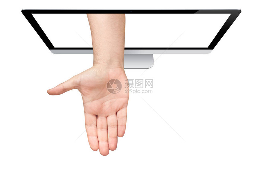 男手掌的顶部视图从电脑屏幕上出来隔图片