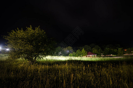 大满月的美丽夜晚风景在山路上登山丘和树木绿草地雾之夜图片