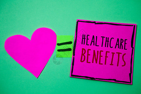 显示医疗保健福利的文字符号概念照片是涵盖医疗费用的保险哈特的记忆喜欢粉红色的绿色背景背景图片