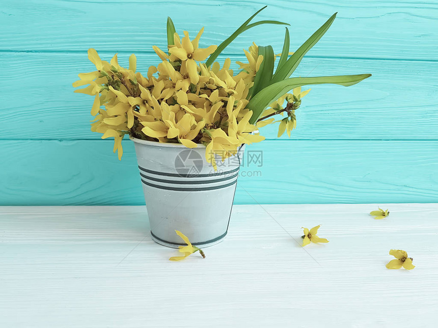 木制背景上的花瓶黄色花朵图片