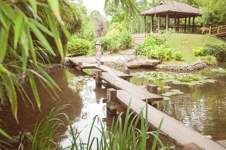 身着优雅礼服和帽子的小女孩在池塘上木桥上图片