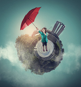 拿着雨伞从地上爬起来的女人360度全景地球图片