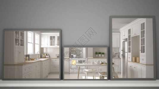 架子或桌上的三面现代镜子反映室内设计场景斯堪的纳维亚现代厨房简约的白色背景图片