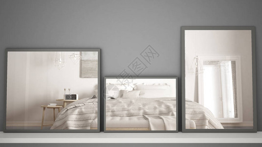 架子或桌子上的三面现代镜子反映室内设计场景经典的当代卧室简约的白色图片