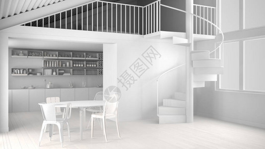带夹层和现代螺旋楼梯的简约白色厨房图片