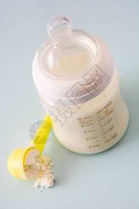 灰色背景上的婴儿奶瓶和牛奶图片