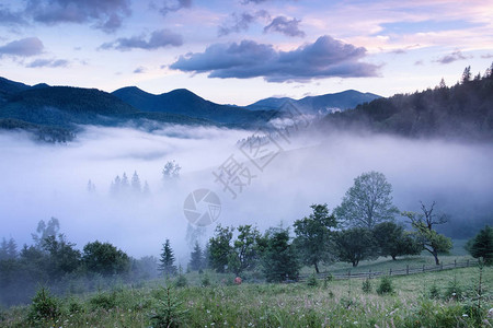 薄雾中的山峡谷日出时夏季美丽的自然风背景图片