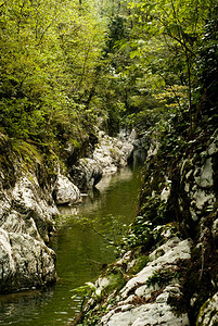 一条小河的狭窄峡谷在山前图片