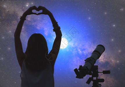晚上使用望远镜的女孩图片