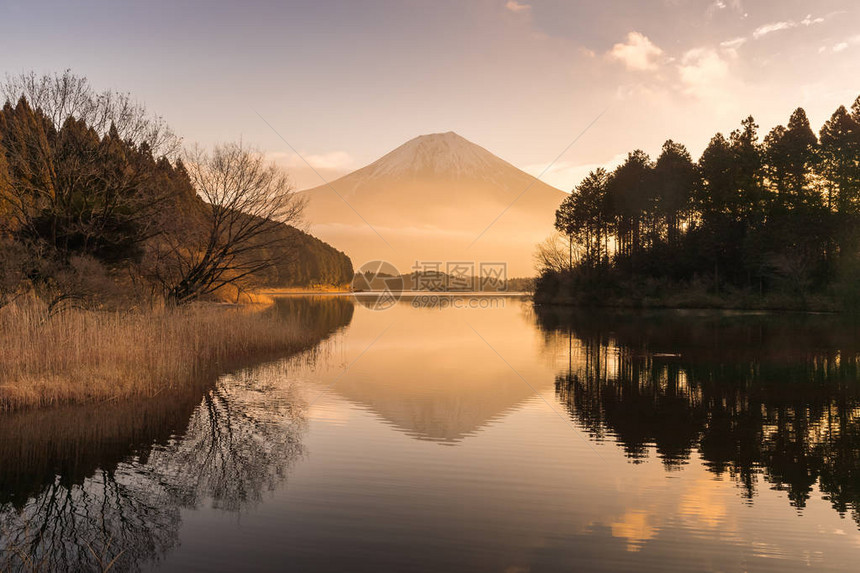 富士山和谷海湖在冬季有美丽的日出狸猫湖是日本富士山附近的一个湖泊它位于静冈县富士宫市图片