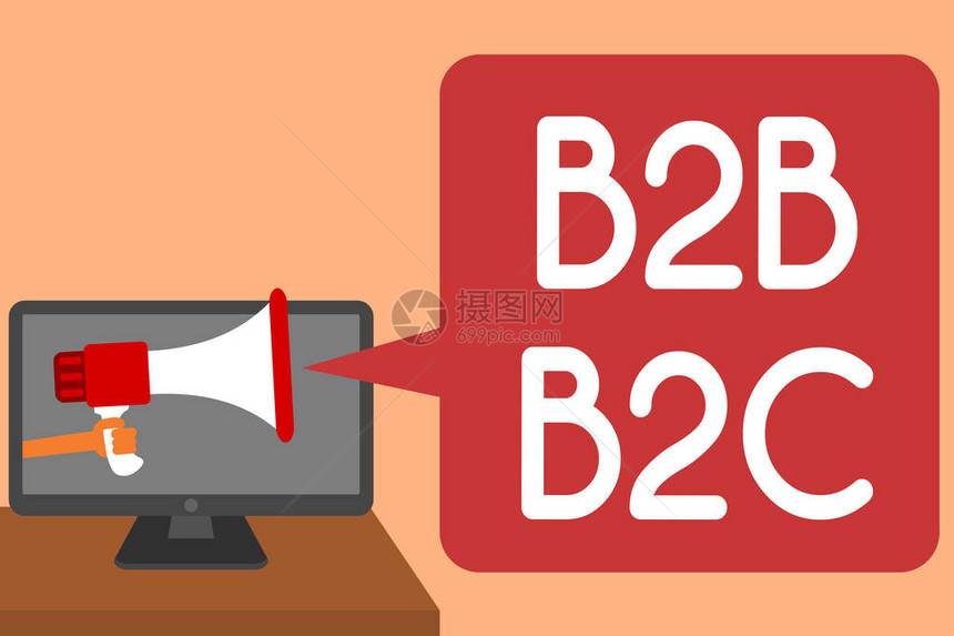 手写文字书写B2BB2C概念意味着两种向其他人发送电子邮件的类型Outlook帐户男子手持扩音器扬声器电脑屏幕图片