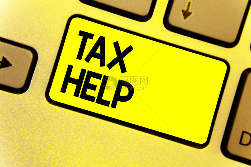 显示税务帮助的书写说明商业照片展示了对税收的强制贡献的援助键盘黄色意图创建计算机图片