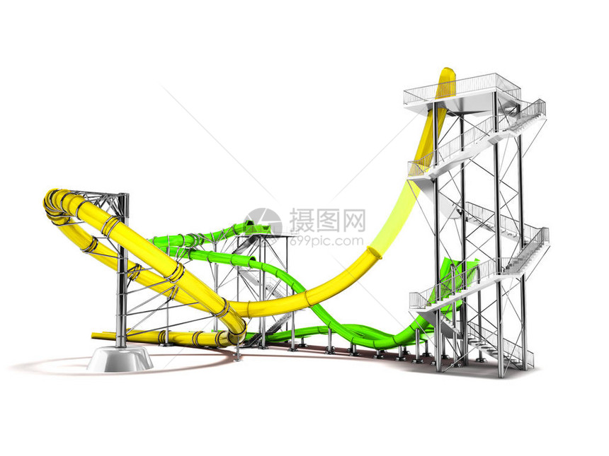 现代黄色绿水滑车在水公园玩3D三度图片