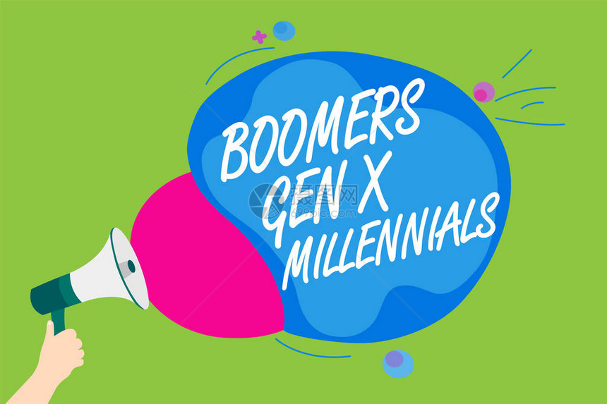 手写文本BoomersGenXMillennials概念意义通常被认为是大约三十年男子手持扩音器扬声器尖叫着五颜六图片