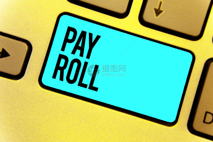 手写文本工资单概念含义支付给员工的资和薪水金额键盘蓝键意图创建计算机图片