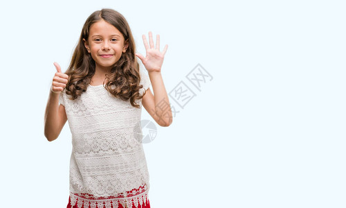 布莱奈特的西班牙女孩露面用六号手指举起指头微笑图片