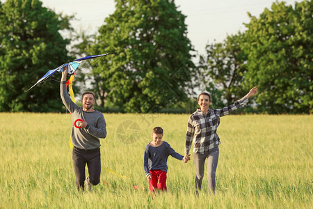 在田野放风筝的幸福家庭图片