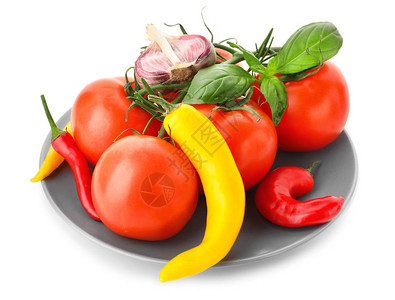 白底樱桃西红柿蔬菜和烤肉配有成熟图片