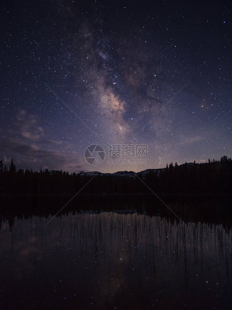 夜空中的银河系倒映在下面的湖中图片