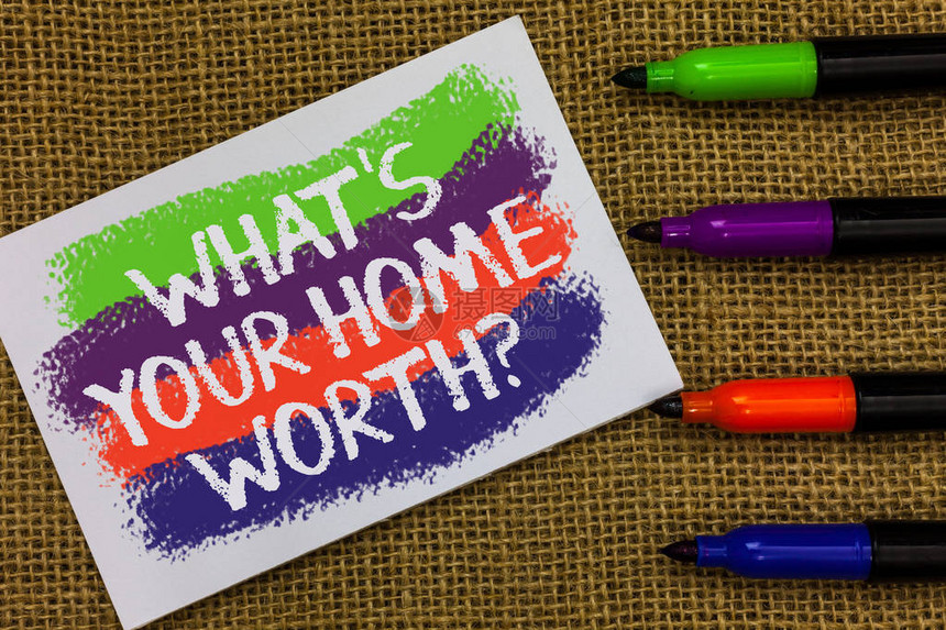 文字写作文本什么是您的家庭价值问题房屋价值的商业概念物业成本价格率彩色波浪与白页和文本颜色标记排图片