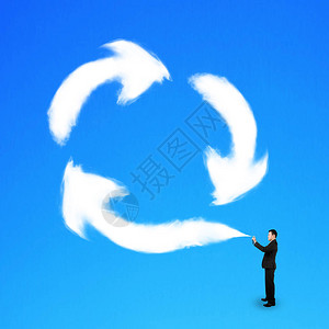 商人在蓝色天空背景中喷洒回收符号形状的云层图片