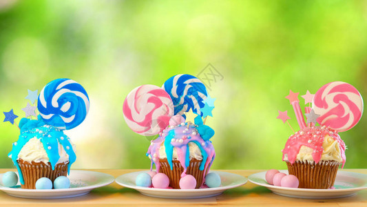 三个粉红和蓝色主题的新蛋糕图片