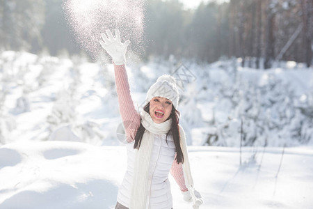 多雪的冬天背景中的情感女士图片