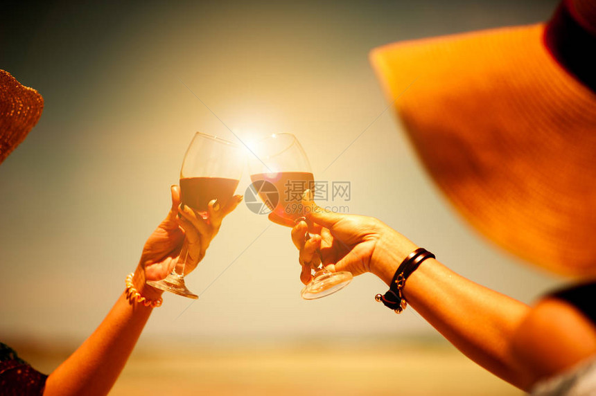 人们拿着杯红酒在夏天的海滩野餐上举杯朋友们在海滩的放松聚会庆祝聚会上敬酒香槟起泡酒Sumerwine图片