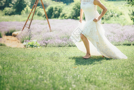 女人穿着婚纱在草地上奔跑阳图片