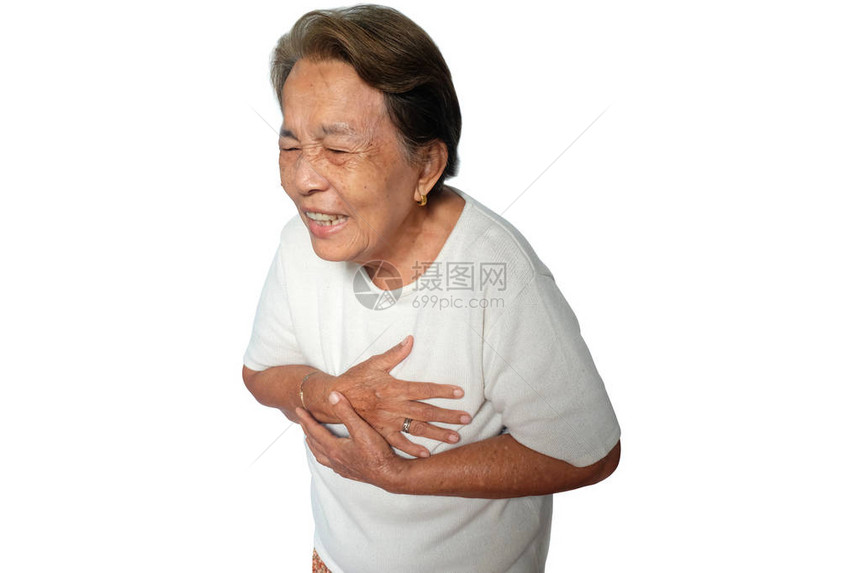 患有胸痛和心脏病发作的老年亚洲老年妇女图片