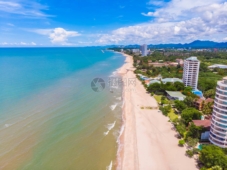 在huahin省Thailand的美丽海滩和海洋空中景象图片