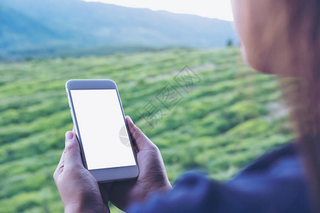 一名持有和使用白色智能电话户外空白屏幕和绿色自然背景上空白的女图片