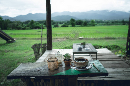 客厅在自然稻田在雨季图片