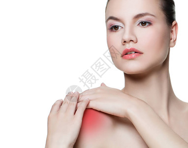 肩部酸痛的女子模型与白色背景隔绝图片