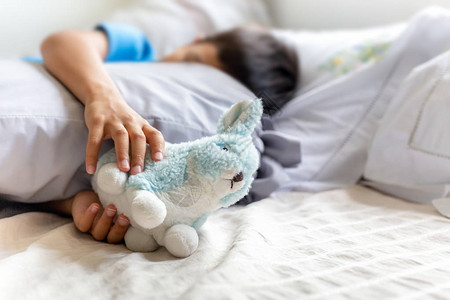小男孩睡在床上抱着他的兔子罗比图片
