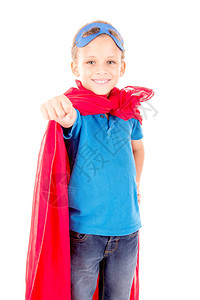 小男孩假扮超级英雄孤立在白色背图片