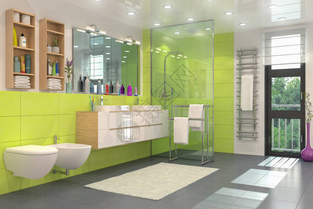 一个白色和绿色的现代洗手间图片