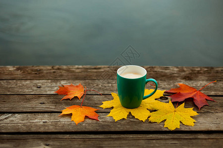 一杯咖啡加卡布奇诺和秋叶图片
